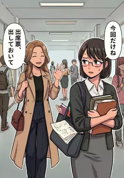 「私の代わりに出席票出しといて♪」「ノート見せてね！」授業をサボり続ける図々しい友人。要求はだんだんエスカレートしていき⇒「お願い！レポート写させて！」信じられない要求まで・・・