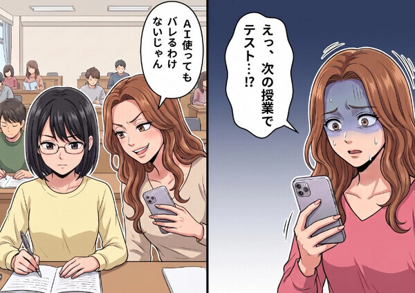 「AIに書かせてもバレるわけないじゃんw自力でレポート書くなんて時代遅れだね～！」AI使用禁止の授業で真面目にがんばる周囲をバカにする友人だったが⇒不正使用が教授にバレてしまい・・・