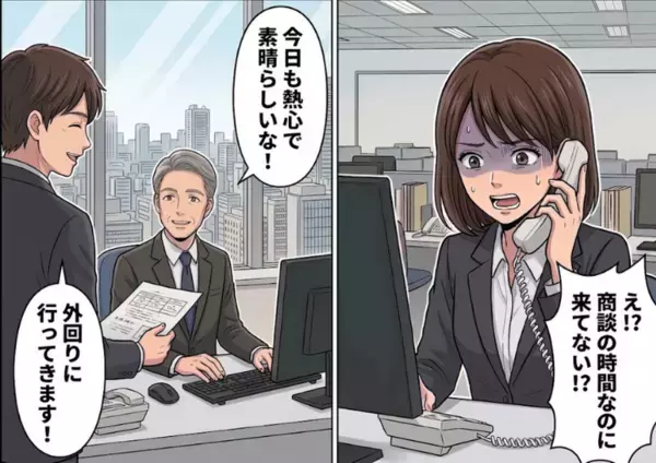 「今日も外回りに行って直帰します！」オフィスにいる時間が極端に減った先輩。成績優秀なので上司も何も言わないが⇒「え！？約束の時間なのに来てない！？」意気揚々と商談に向かった先輩が行方不明に！？