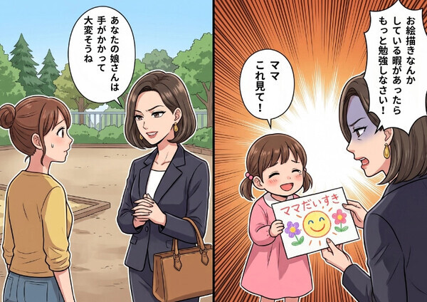 「ママにプレゼントだよ！」⇒「はぁ！？お絵描きする暇あるなら勉強して！」周囲を見下す教育ママが大暴走！？我が子が描いた絵まで全否定する始末⇒なんと娘さんが逃げ出してしまうトラブルが・・・