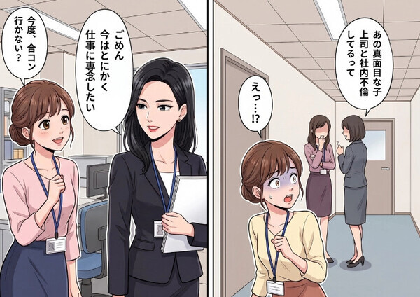 「あの真面目な子、上司と社内不倫してるらしいよ」恋愛に興味がないはずのシゴデキ同僚の黒い噂。真相を確かめに行くと⇒会議室から同僚がとんでもない姿で出てきて・・・